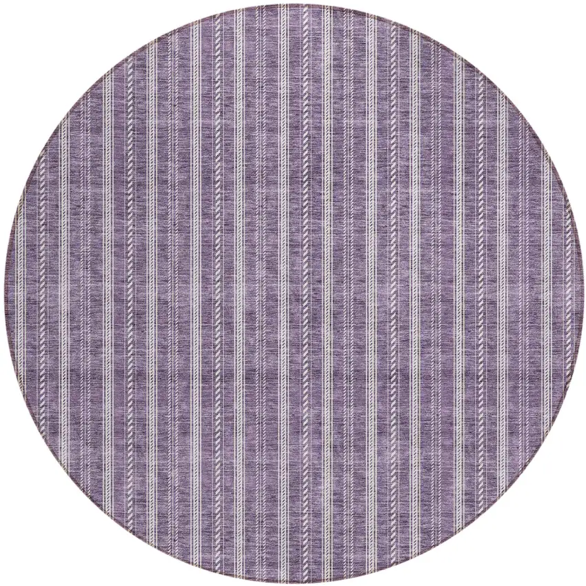 8' Purple And Ivory Round Striped Washable Indoor Outdoor Area Rug Photo 2