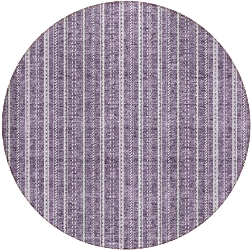 8' Purple And Ivory Round Striped Washable Indoor Outdoor Area Rug Photo 5