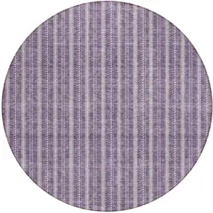 Photo of 8' Purple And Ivory Round Striped Washable Indoor Outdoor Area Rug