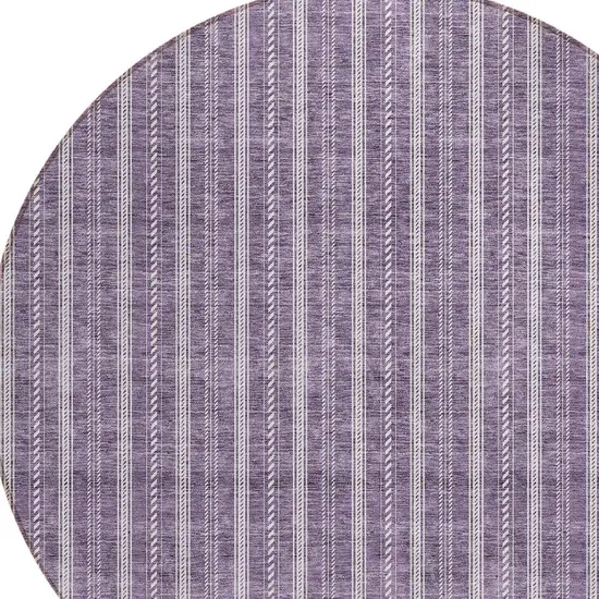8' Purple And Ivory Round Striped Washable Indoor Outdoor Area Rug Photo 4