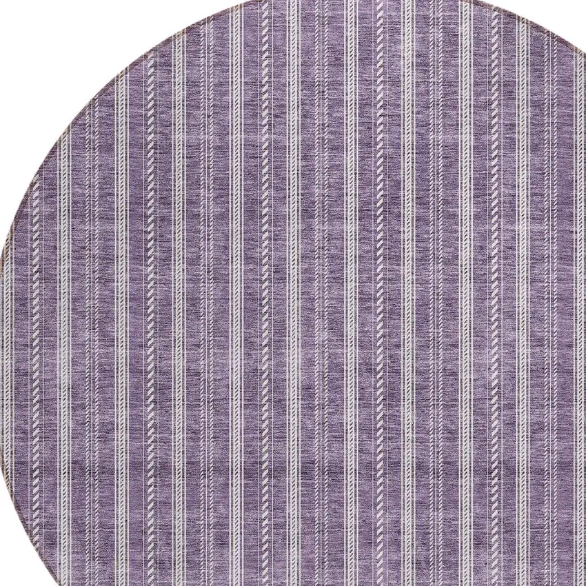 8' Purple And Ivory Round Striped Washable Indoor Outdoor Area Rug Photo 4