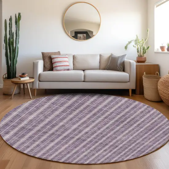 8' Purple And Ivory Round Striped Washable Indoor Outdoor Area Rug Photo 7