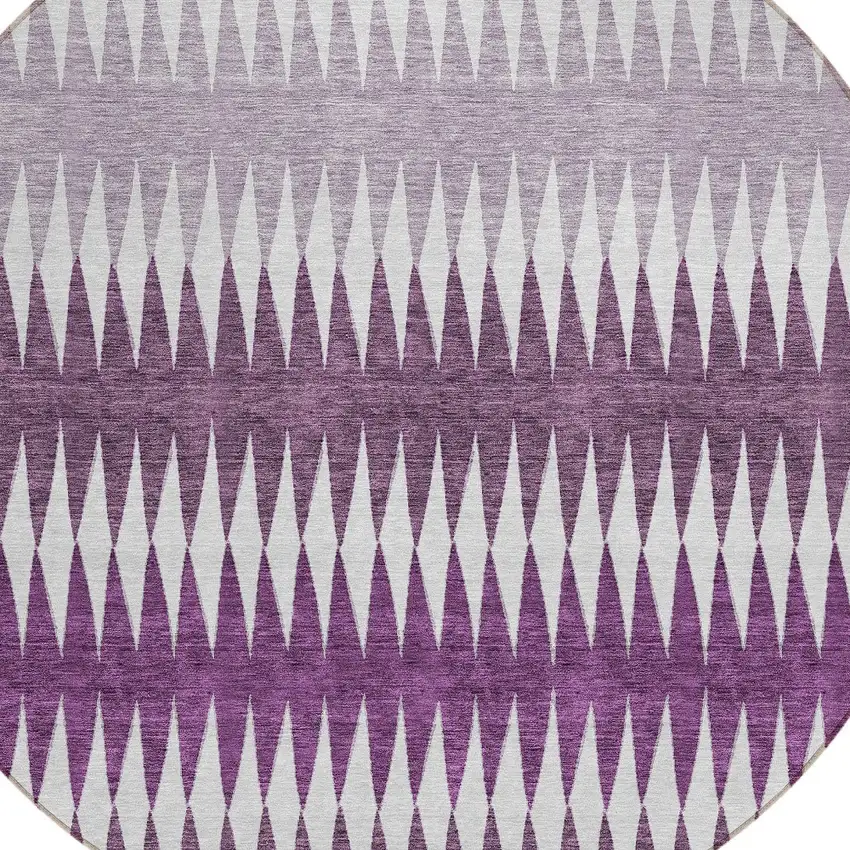 8' Purple And Ivory Round Striped Washable Indoor Outdoor Area Rug Photo 4