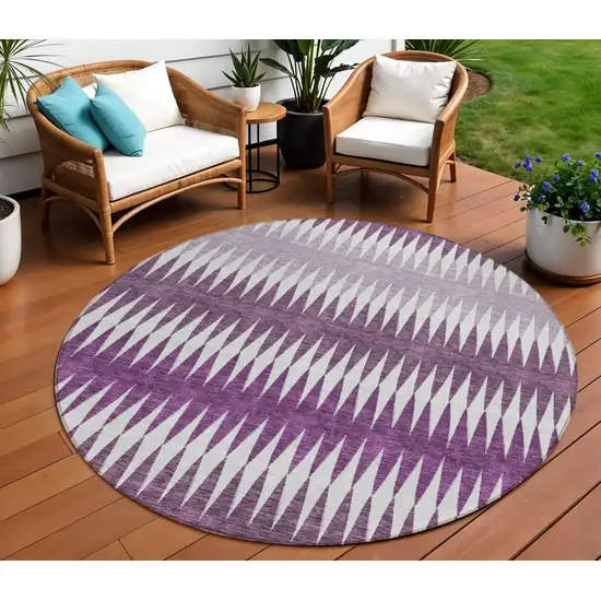 8' Purple And Ivory Round Striped Washable Indoor Outdoor Area Rug Photo 1