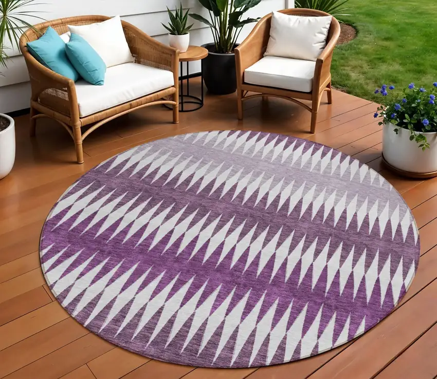 8' Purple And Ivory Round Striped Washable Indoor Outdoor Area Rug Photo 1