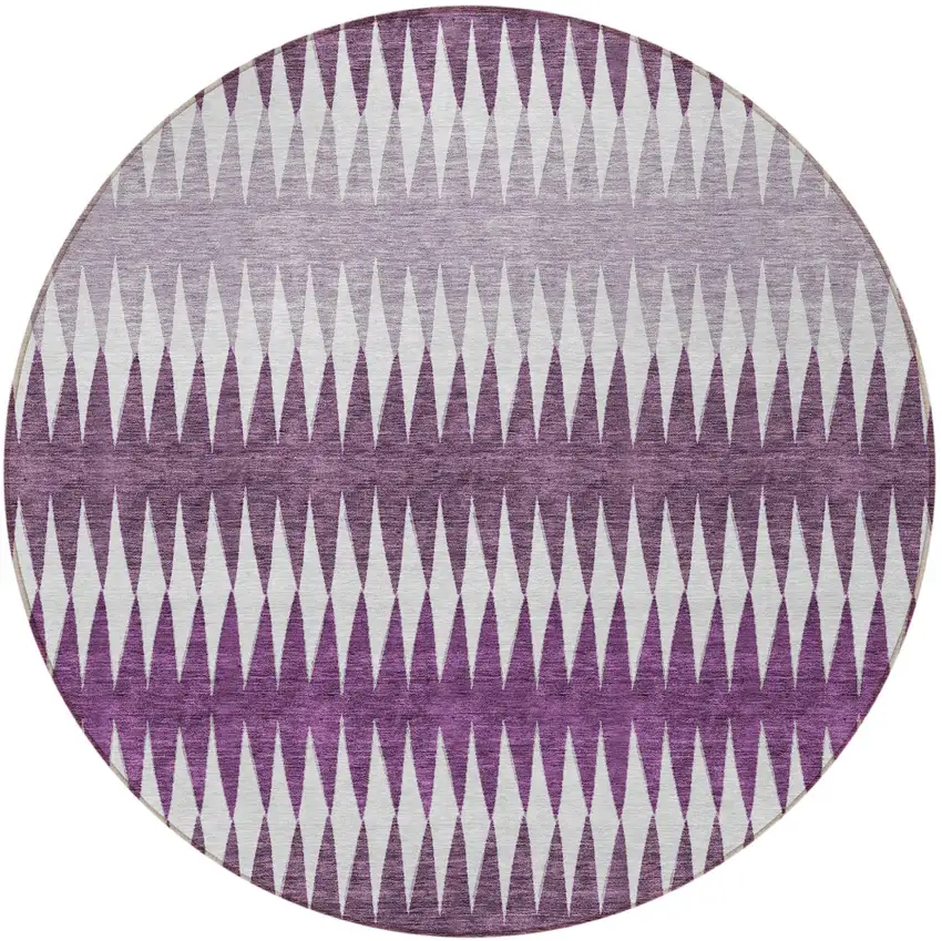 8' Purple And Ivory Round Striped Washable Indoor Outdoor Area Rug Photo 5