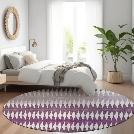 8' Purple And Ivory Round Striped Washable Indoor Outdoor Area Rug Photo 7
