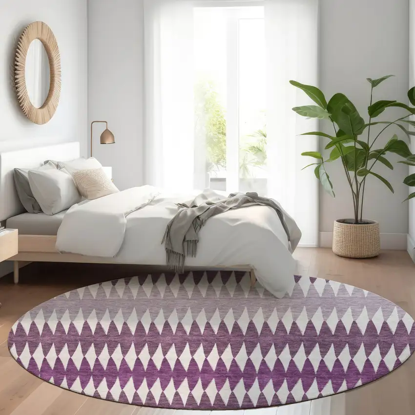 8' Purple And Ivory Round Striped Washable Indoor Outdoor Area Rug Photo 7