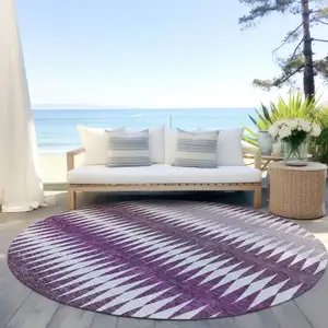 Photo of 8' Purple And Ivory Round Striped Washable Indoor Outdoor Area Rug