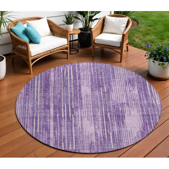 8' Purple And Ivory Round Striped Washable Indoor Outdoor Area Rug Photo 1