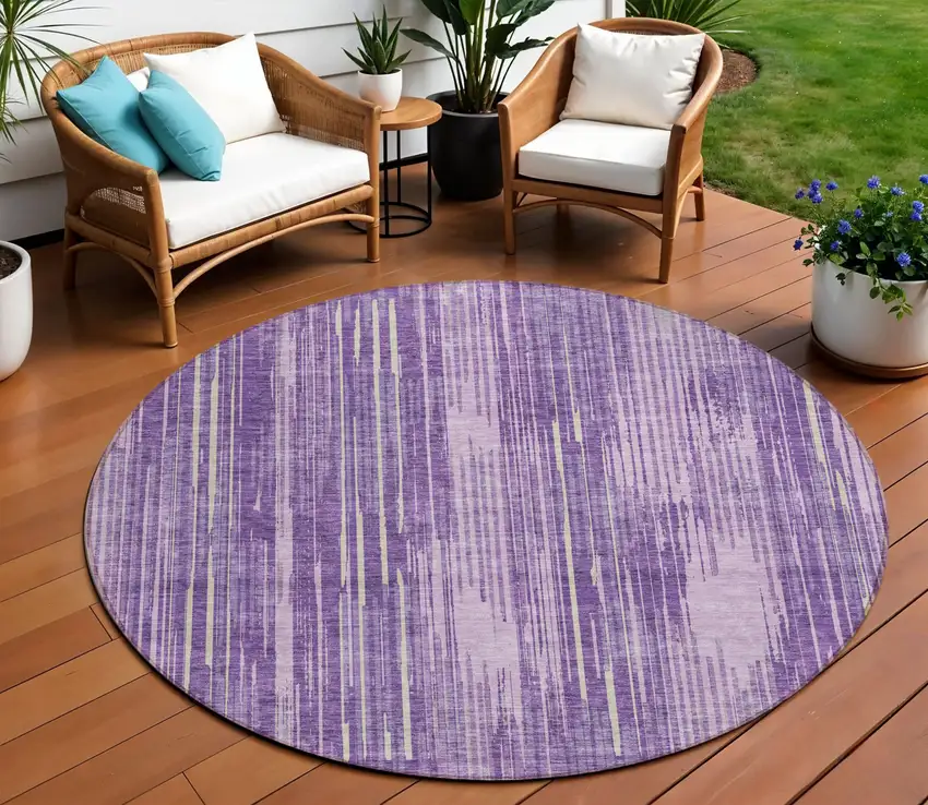 8' Purple And Ivory Round Striped Washable Indoor Outdoor Area Rug Photo 1