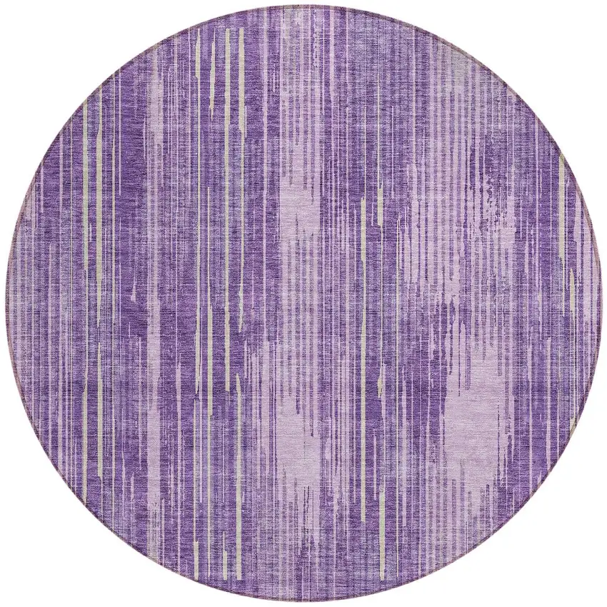 8' Purple And Ivory Round Striped Washable Indoor Outdoor Area Rug Photo 5