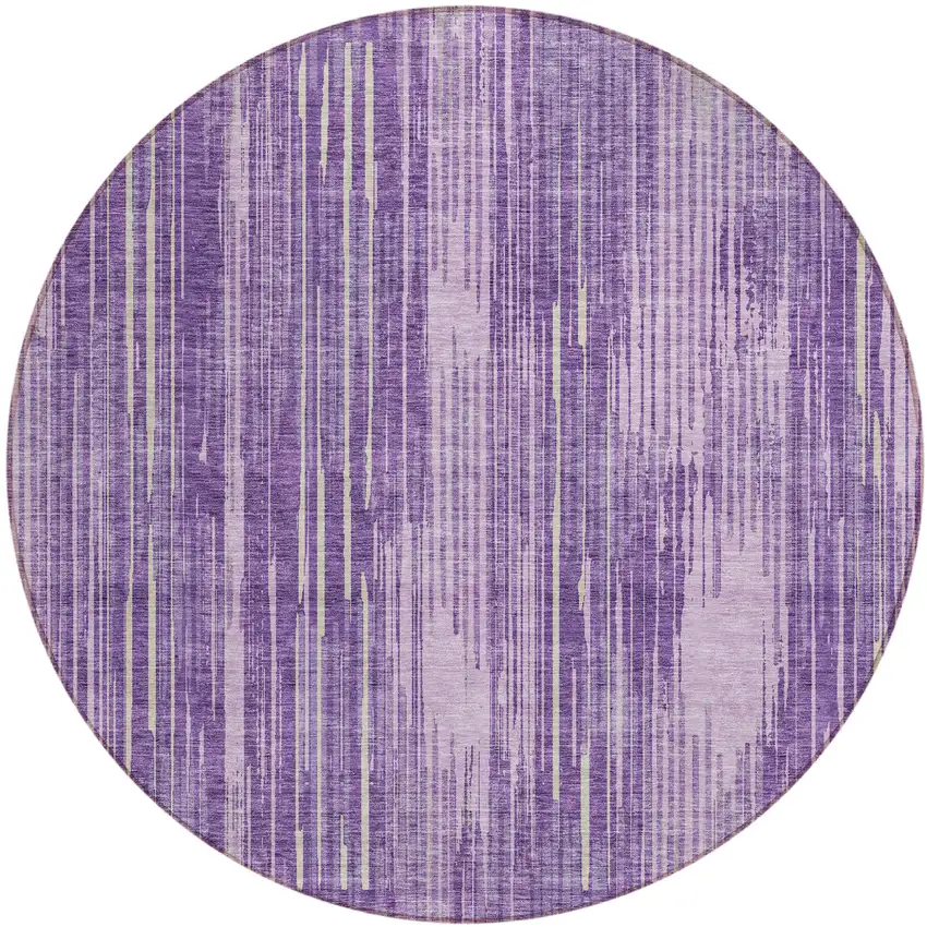 8' Purple And Ivory Round Striped Washable Indoor Outdoor Area Rug Photo 2