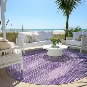 Photo of 8' Purple And Ivory Round Striped Washable Indoor Outdoor Area Rug