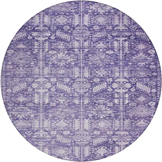 8' Purple And Ivory Round Tribal Washable Indoor Outdoor Area Rug Photo 1