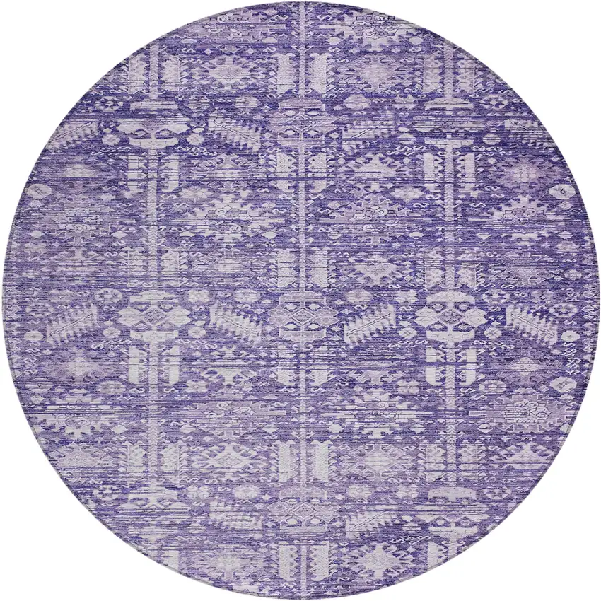 8' Purple And Ivory Round Tribal Washable Indoor Outdoor Area Rug Photo 1