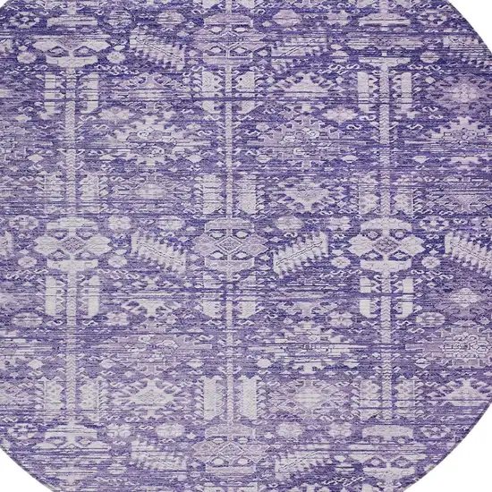 8' Purple And Ivory Round Tribal Washable Indoor Outdoor Area Rug Photo 8