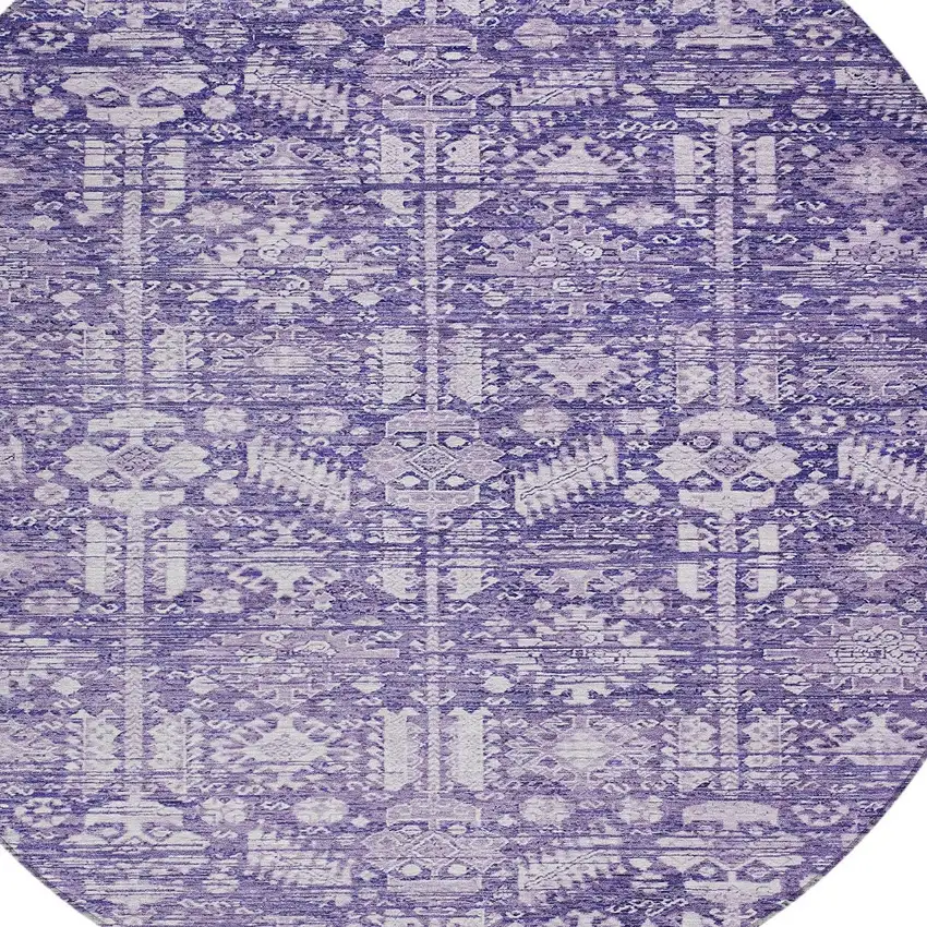 8' Purple And Ivory Round Tribal Washable Indoor Outdoor Area Rug Photo 8