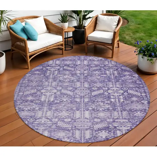 8' Purple And Ivory Round Tribal Washable Indoor Outdoor Area Rug Photo 2