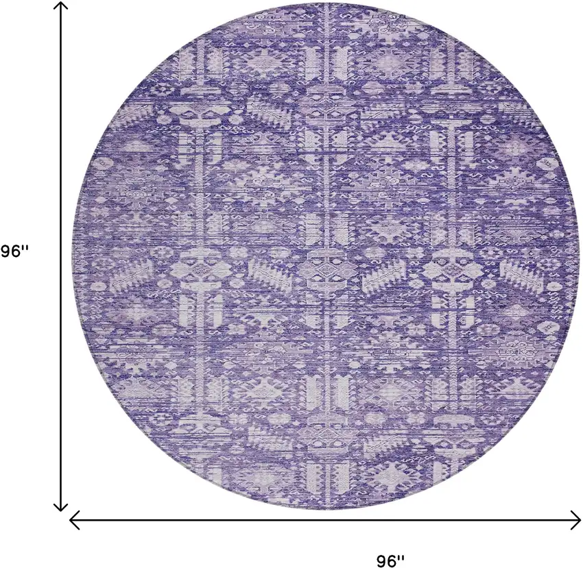 8' Purple And Ivory Round Tribal Washable Indoor Outdoor Area Rug Photo 9
