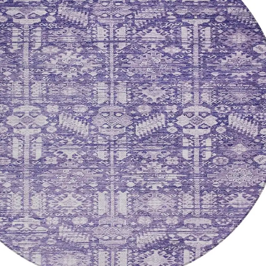 8' Purple And Ivory Round Tribal Washable Indoor Outdoor Area Rug Photo 4