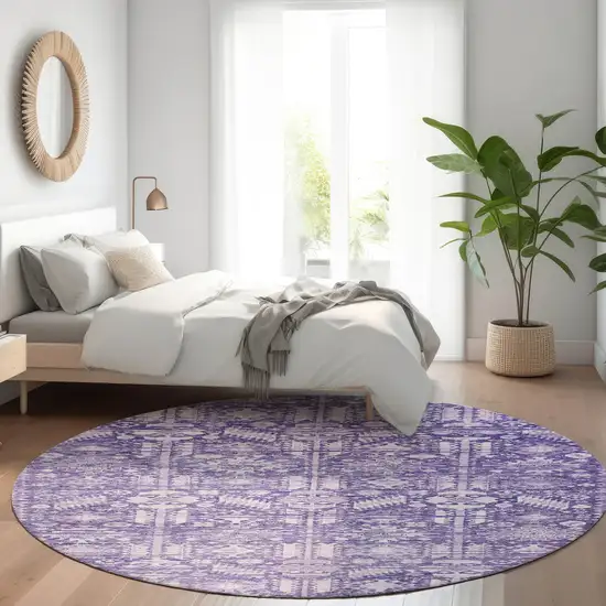 8' Purple And Ivory Round Tribal Washable Indoor Outdoor Area Rug Photo 6
