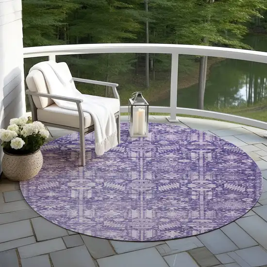8' Purple And Ivory Round Tribal Washable Indoor Outdoor Area Rug Photo 5