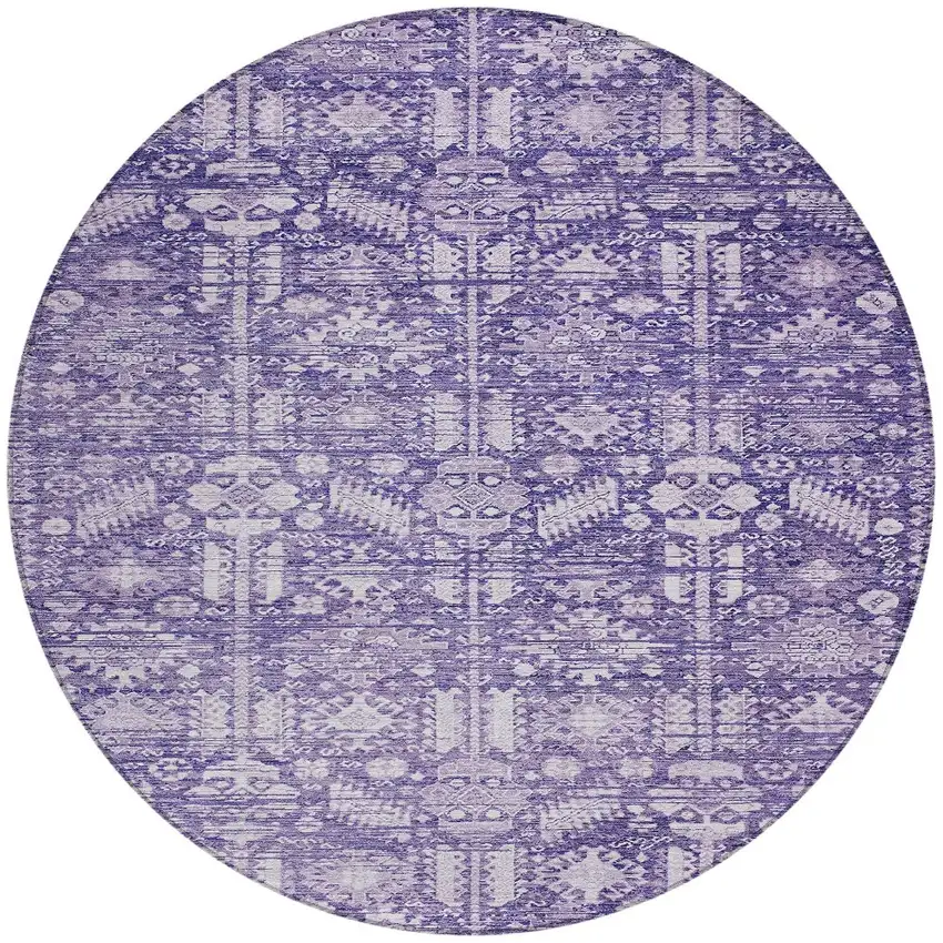 8' Purple And Ivory Round Tribal Washable Indoor Outdoor Area Rug Photo 3