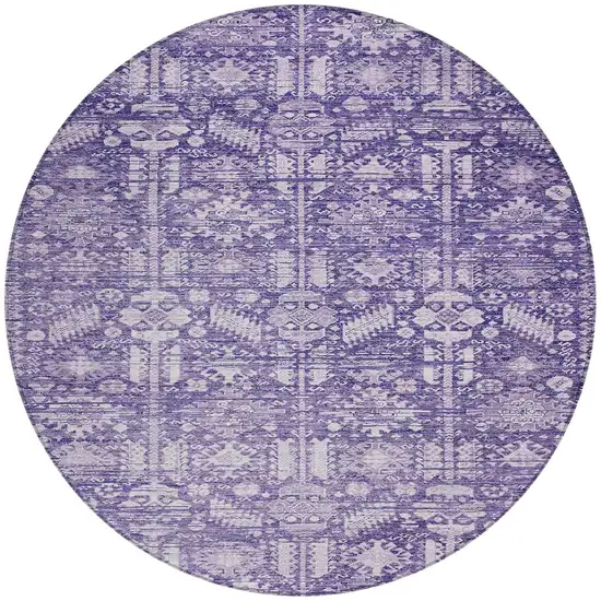 8' Purple And Ivory Round Tribal Washable Indoor Outdoor Area Rug Photo 3