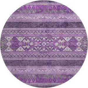 Photo of 8' Purple And Ivory Southwestern Washable Round Rug With UV Protection