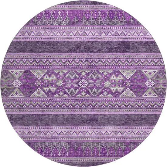 8' Purple And Ivory Southwestern Washable Round Rug With UV Protection Photo 1