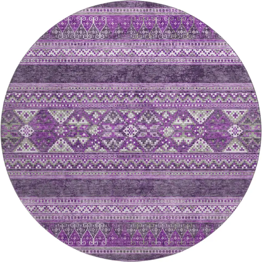 8' Purple And Ivory Southwestern Washable Round Rug With UV Protection Photo 1