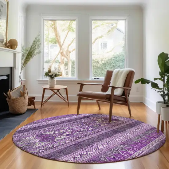 8' Purple And Ivory Southwestern Washable Round Rug With UV Protection Photo 5