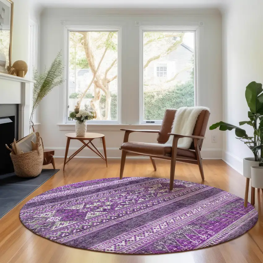 8' Purple And Ivory Southwestern Washable Round Rug With UV Protection Photo 5