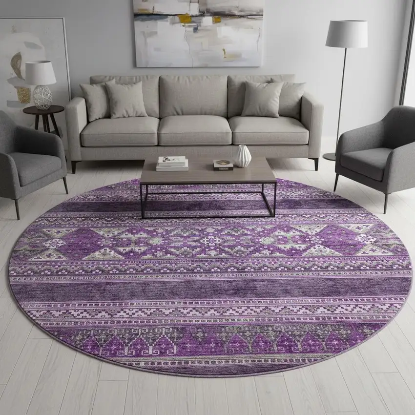 8' Purple And Ivory Southwestern Washable Round Rug With UV Protection Photo 2