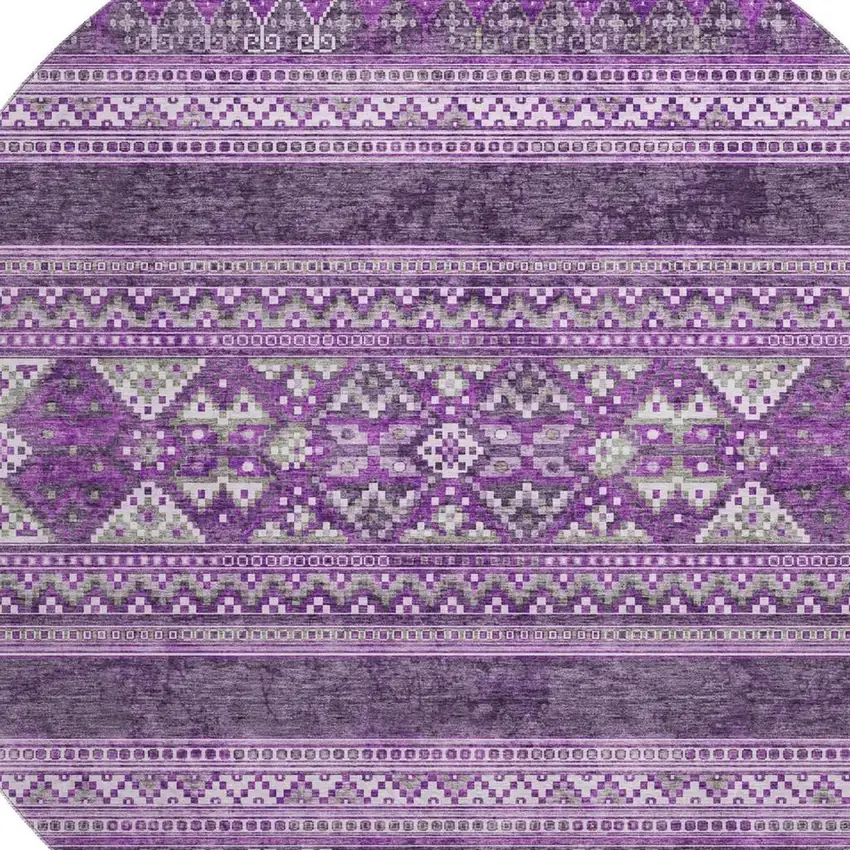 8' Purple And Ivory Southwestern Washable Round Rug With UV Protection Photo 3