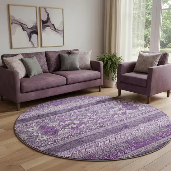 8' Purple And Ivory Southwestern Washable Round Rug With UV Protection Photo 1