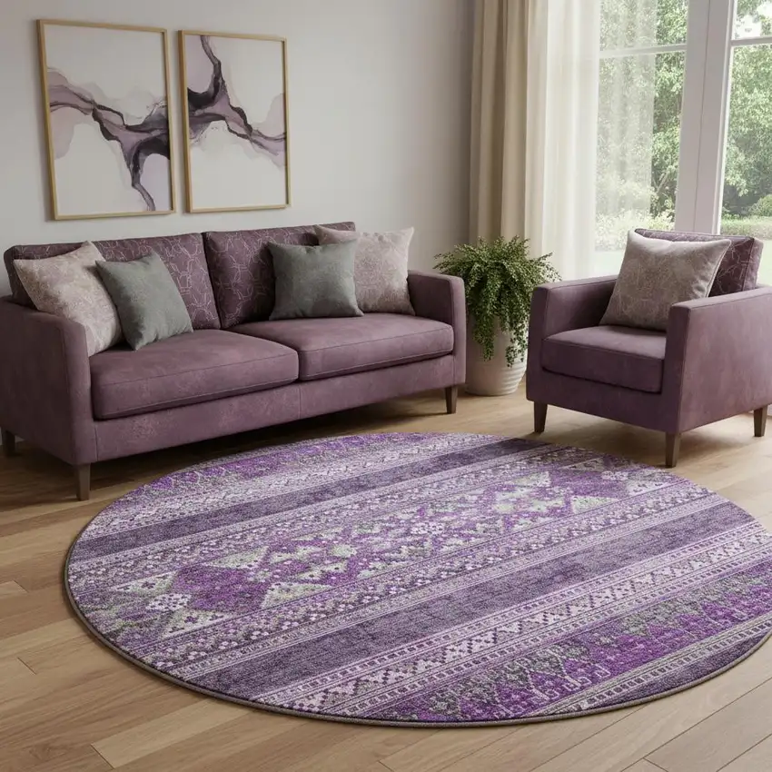 8' Purple And Ivory Southwestern Washable Round Rug With UV Protection Photo 1