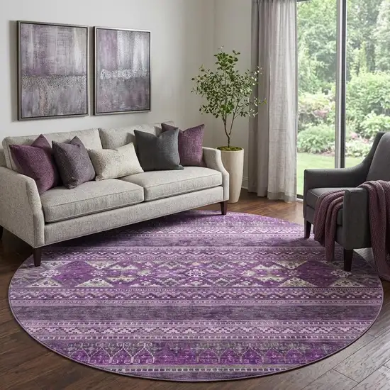 8' Purple And Ivory Southwestern Washable Round Rug With UV Protection Photo 1