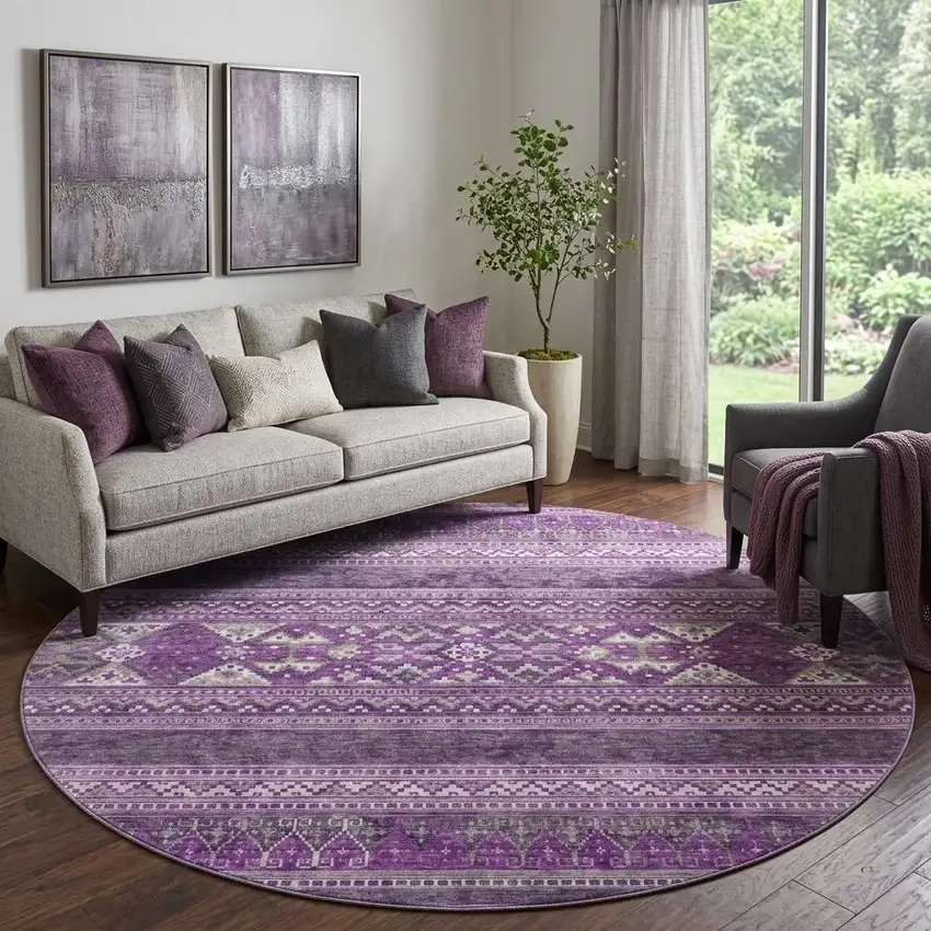 8' Purple And Ivory Southwestern Washable Round Rug With UV Protection Photo 1