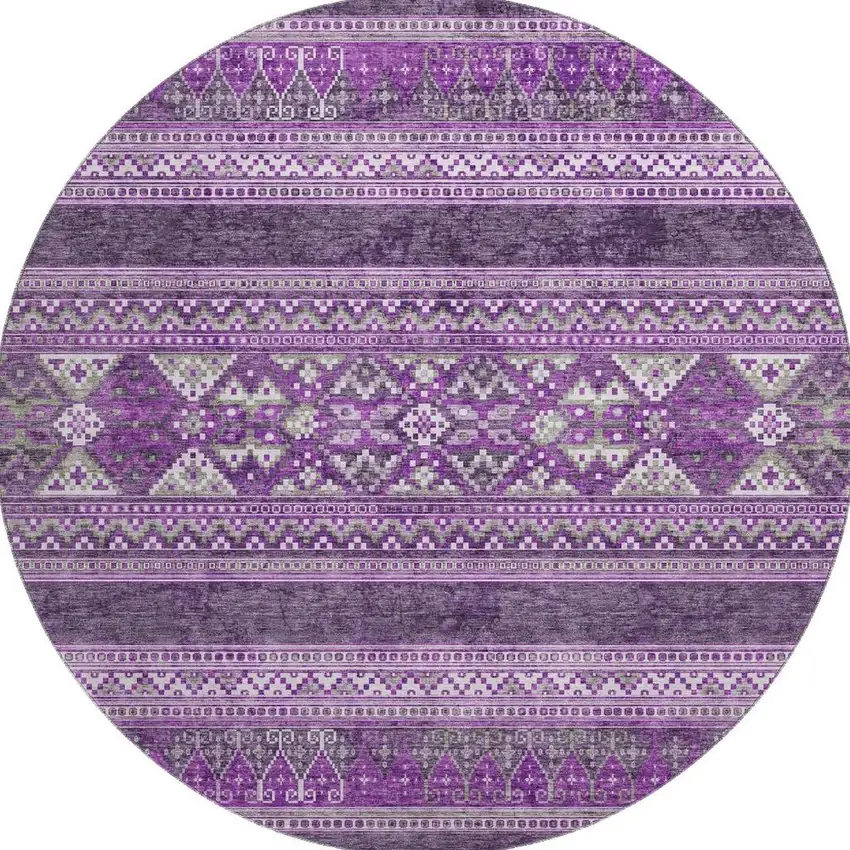 8' Purple And Ivory Southwestern Washable Round Rug With UV Protection Photo 4