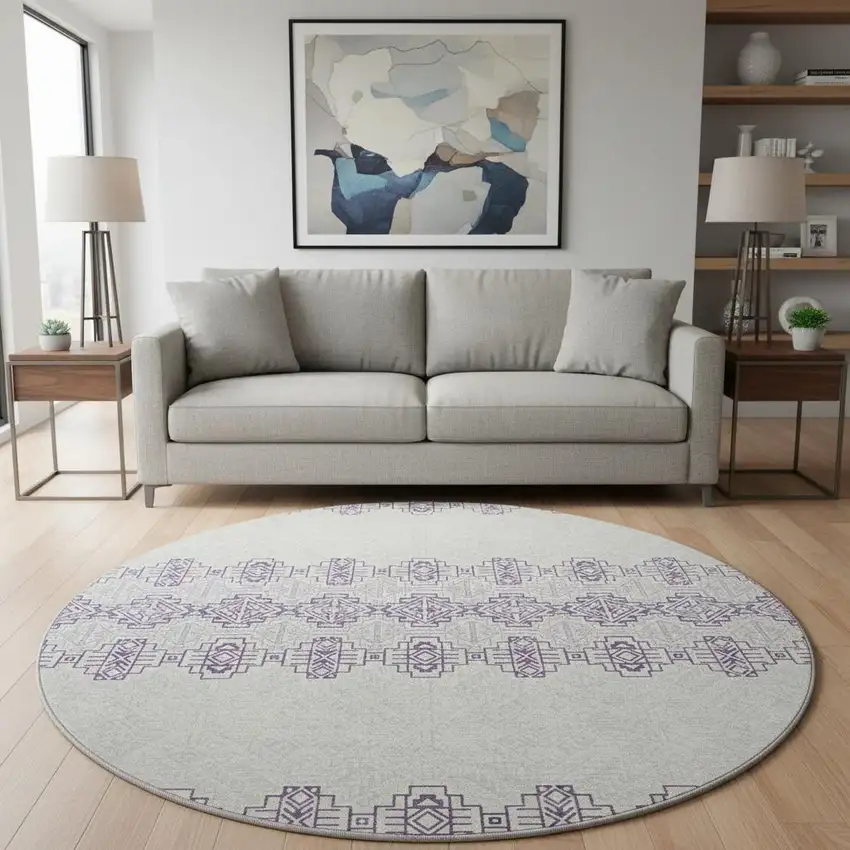 8' Purple And Ivory Southwestern Washable Round Rug With UV Protection Photo 2