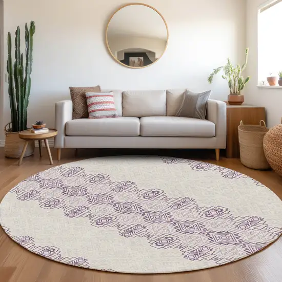 8' Purple And Ivory Southwestern Washable Round Rug With UV Protection Photo 4