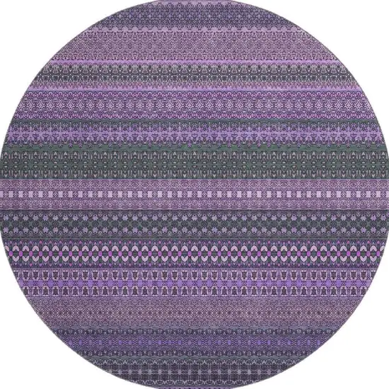 8' Purple And Ivory Striped Washable Round Rug With UV Protection Photo 4