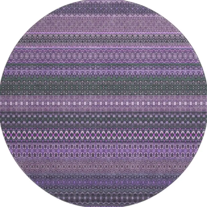 8' Purple And Ivory Striped Washable Round Rug With UV Protection Photo 4