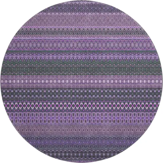 8' Purple And Ivory Striped Washable Round Rug With UV Protection Photo 1