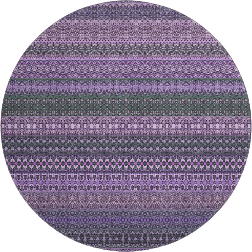 8' Purple And Ivory Striped Washable Round Rug With UV Protection Photo 1