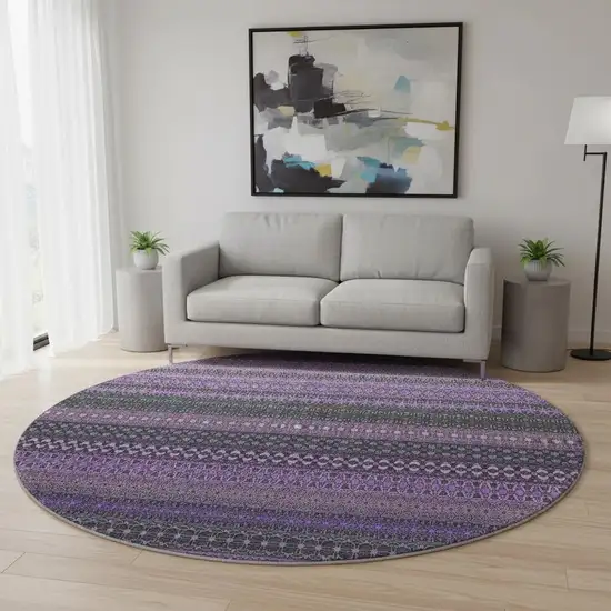 8' Purple And Ivory Striped Washable Round Rug With UV Protection Photo 2
