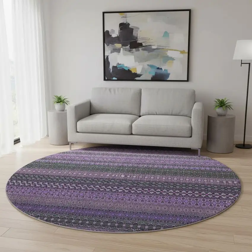 8' Purple And Ivory Striped Washable Round Rug With UV Protection Photo 2
