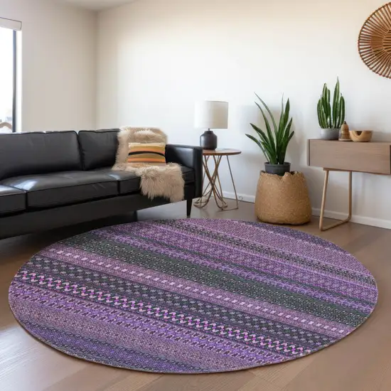 8' Purple And Ivory Striped Washable Round Rug With UV Protection Photo 5
